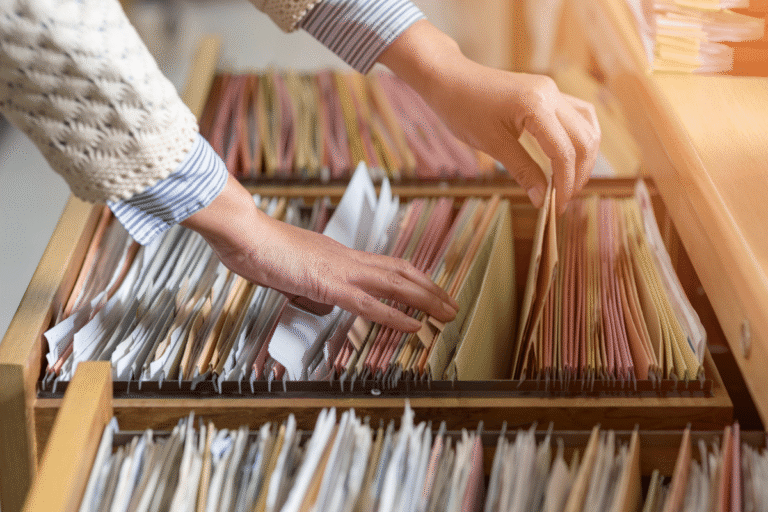 Main cherchant un dossier parmi des classeurs.