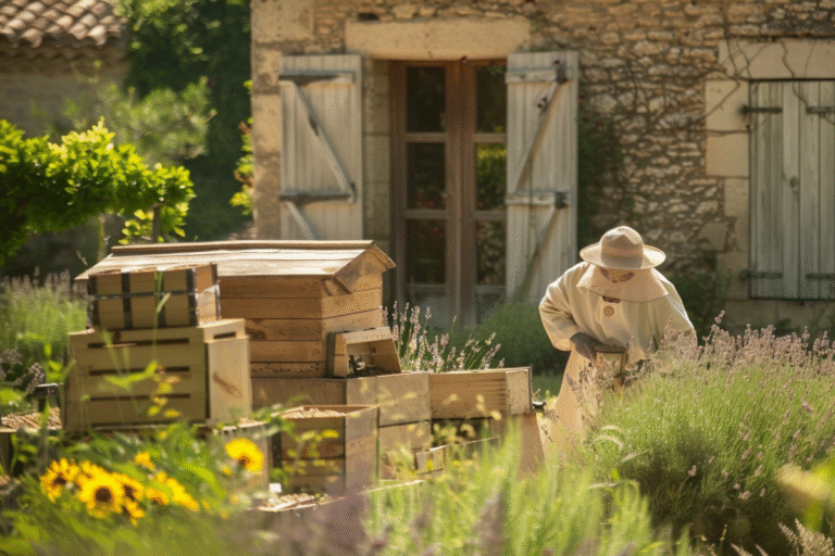 Femme en chapeau récoltant de la lavande dans un jardin.