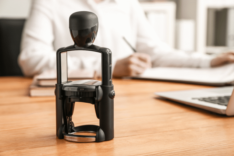 Trodat encreur noir sur un bureau en bois.