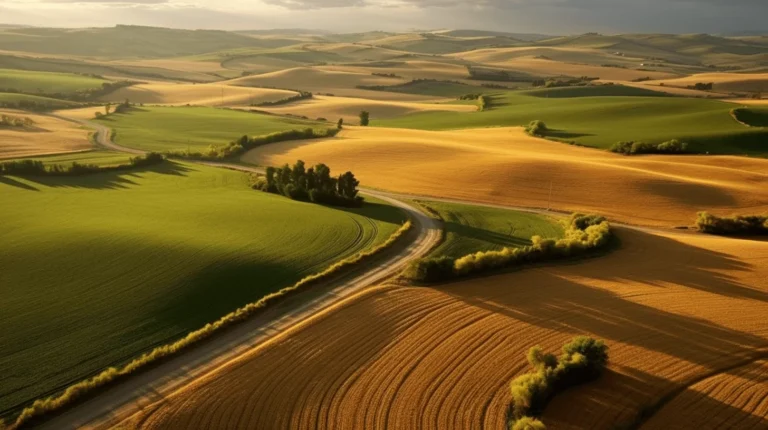 Vaste paysage de champs verdoyants et dorés au crépuscule.