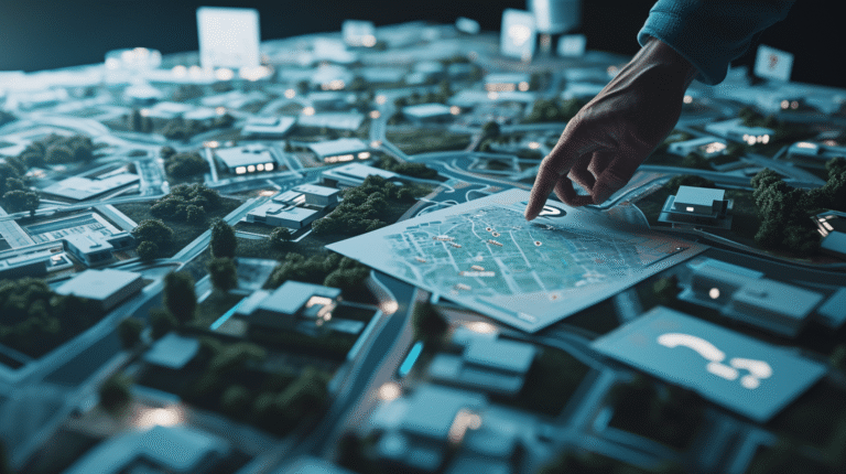 Main tenant une carte au-dessus d'une maquette urbaine.