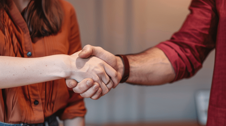 Poignée de main entre deux personnes en arrière-plan flou.