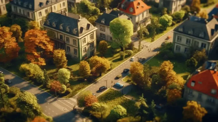 Quartier urbain avec maisons et arbres colorés.