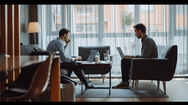 Deux hommes discutent dans un espace de travail.