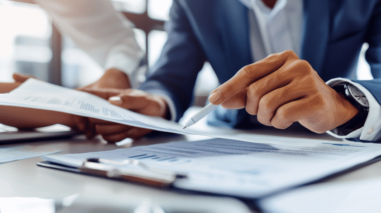 Discussion professionnelle sur des documents avec un stylo.