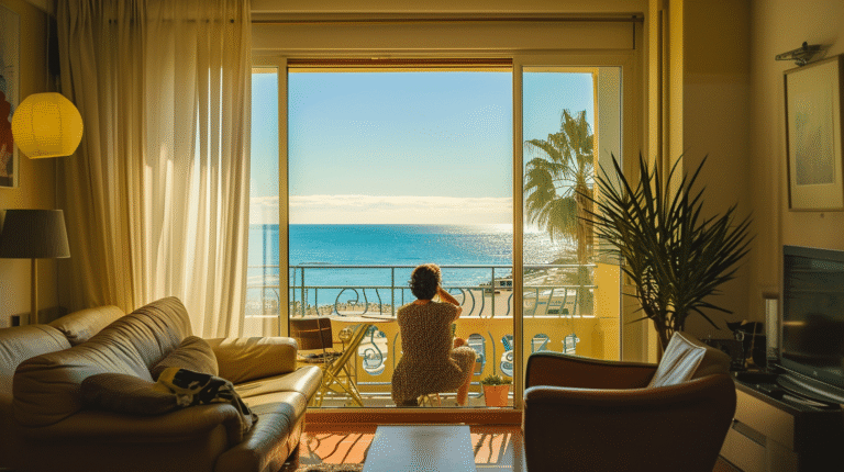 Femme assise devant une vue sur la mer.