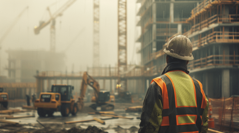 Ouvrier en Bretagne sur un chantier de construction sous la pluie.