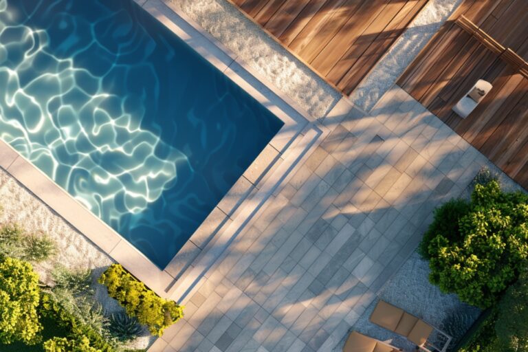 Piscine avec reflets, entourée de verdure et terrasses en bois.