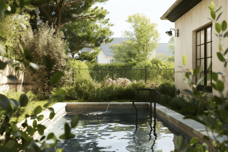 Piscine entourée de verdure et clôture.