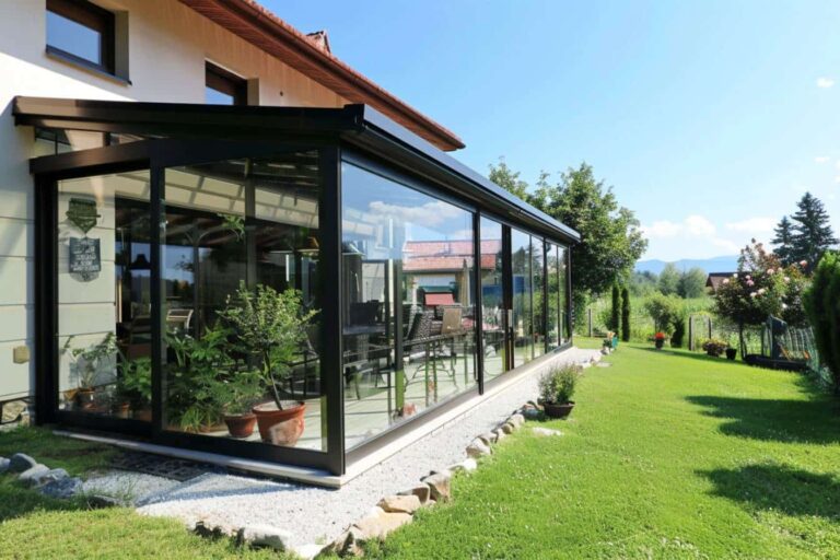 Véranda moderne avec plantes et mobilier extérieur.