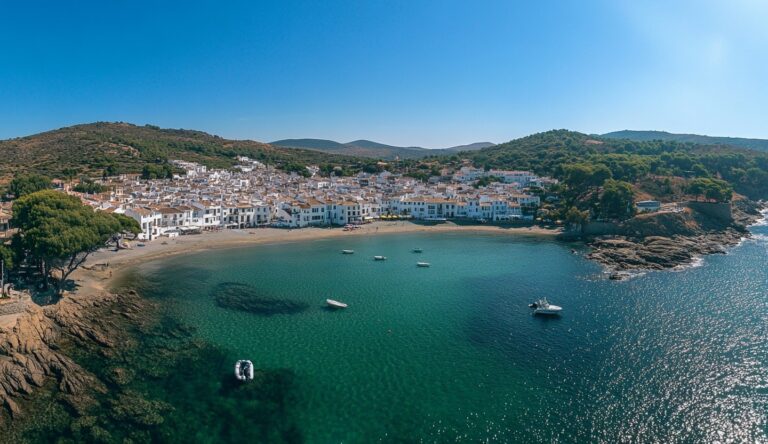 Plage paisible avec maisons blanches et bateaux.