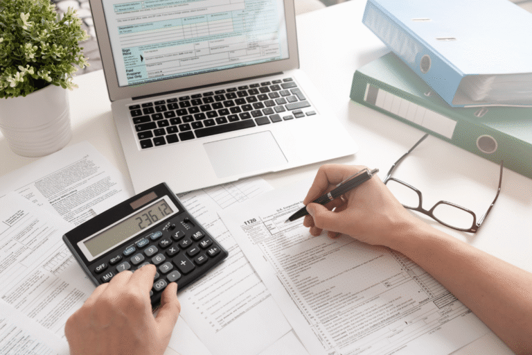 Calculatrice, documents fiscaux et ordinateur portable sur un bureau.