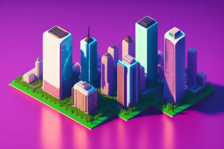 Ville futuriste avec gratte-ciels colorés sur un îlot verdoyant.