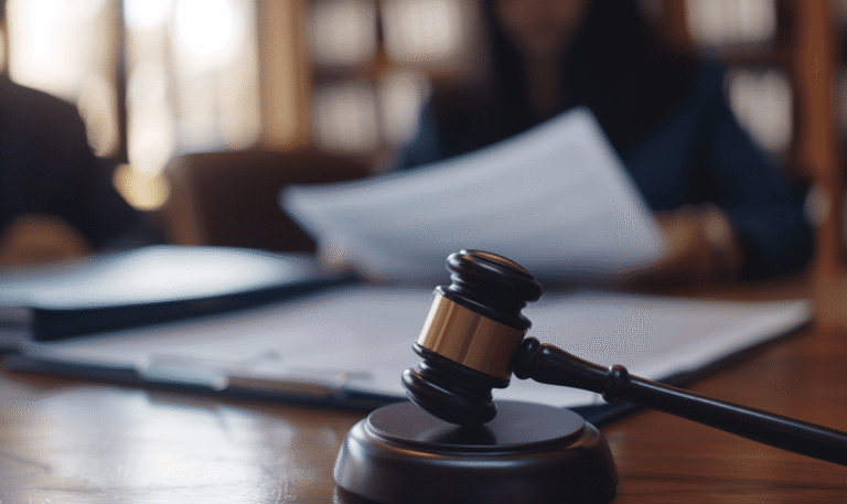 Maillet de juge posé sur un bureau en bois.