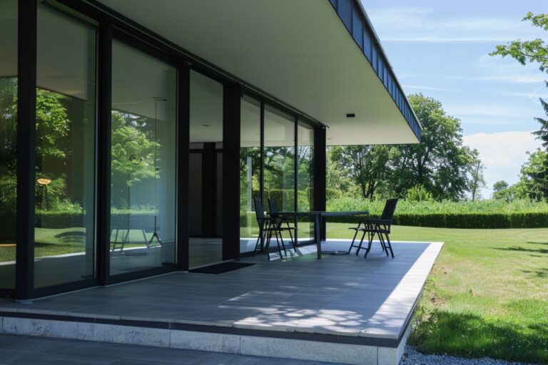 Terrasse moderne avec chaises et table, entourée de verdure.