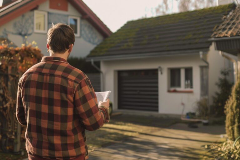 Homme en chemise à carreaux tenant un document, maison en arrière-plan.