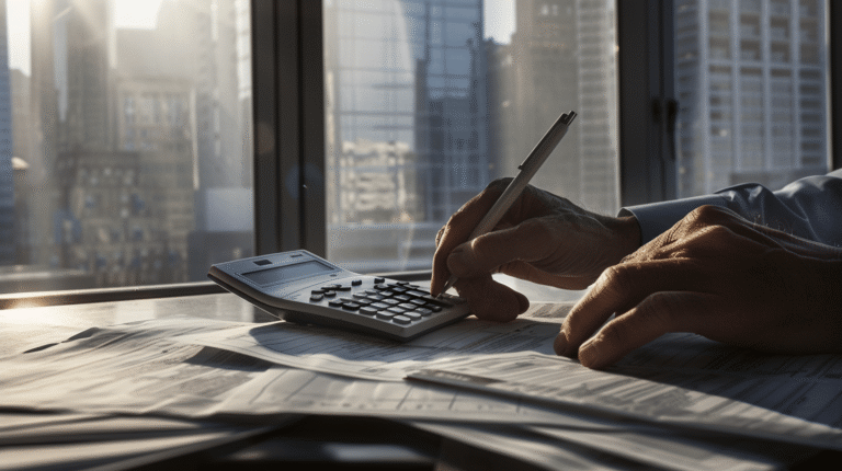 Calculateur et documents financiers sur un bureau.