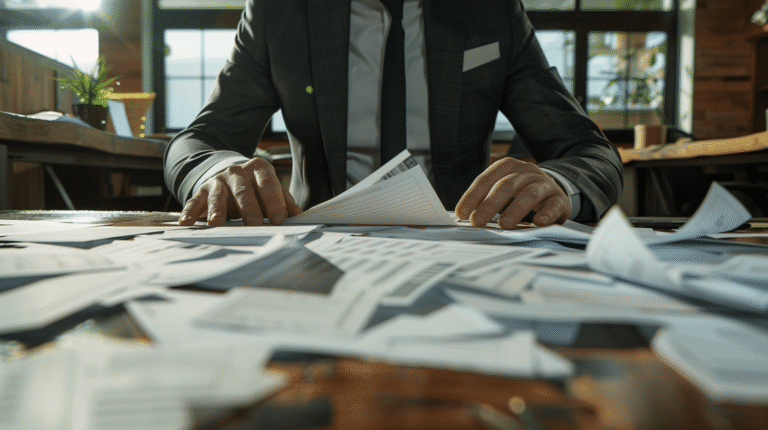Homme en costume examinant des documents éparpillés sur une table.