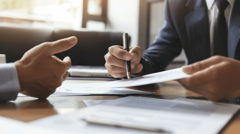 Discussion professionnelle autour de documents sur une table.