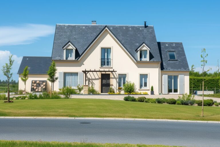 Maison moderne avec toit en ardoise et jardin.