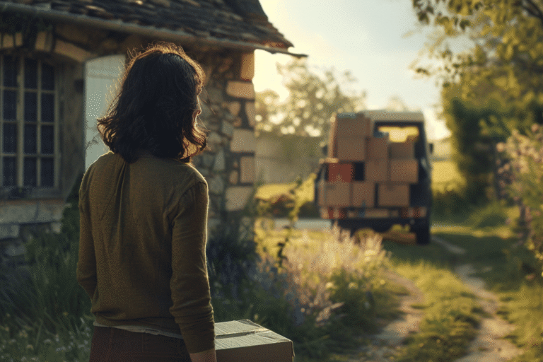 Femme sur un chemin avec un carton, camion en arrière-plan.