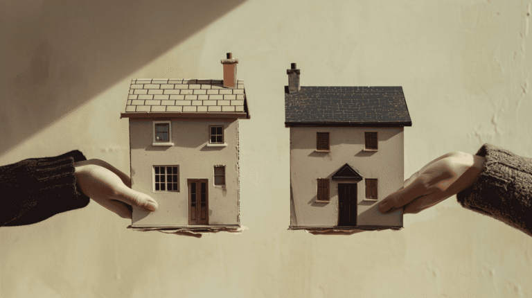 Modèles de maisons miniatures tenues par deux personnes.