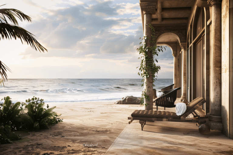 Plage calme avec transat, vue sur la mer.