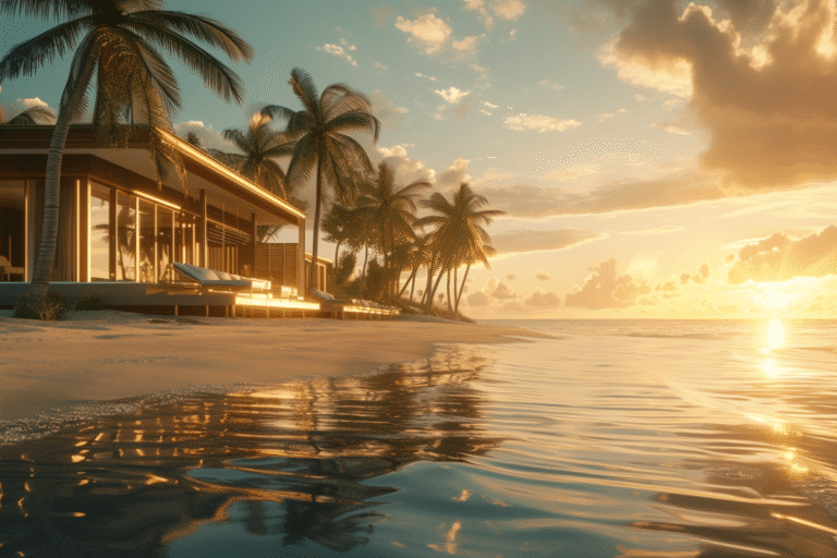 Villa en bord de mer avec palmiers au coucher du soleil.