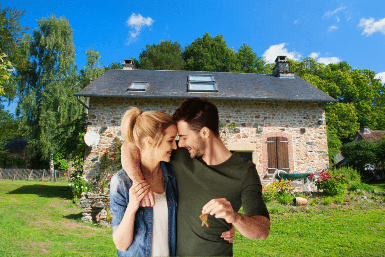 Couple souriant devant une maison en pierre avec clés.