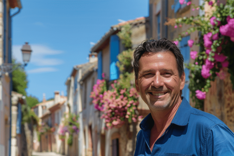 Homme souriant dans une rue fleurie ensoleillée.