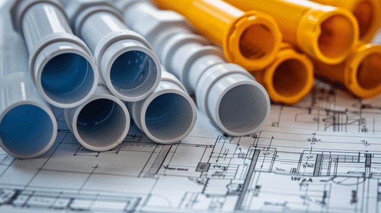 Tubes en PVC et plans de construction sur une surface.