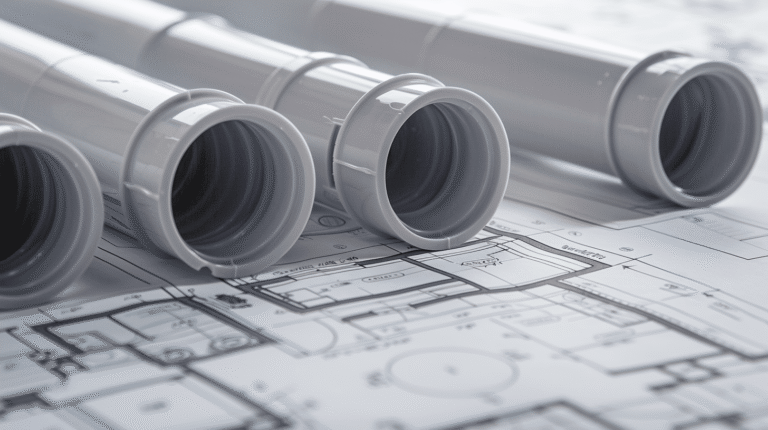Tuyaux en plastique sur des plans de bâtiment.