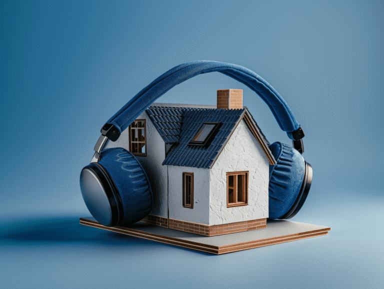 Maison miniature avec écouteurs bleus.