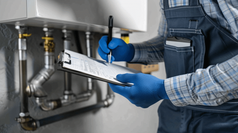 Technicien en bleu prenant des notes sur un clipboard près de tuyaux.