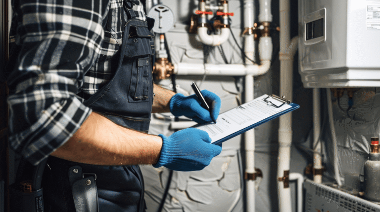 Technicien plomberie prenant des notes devant des installations.