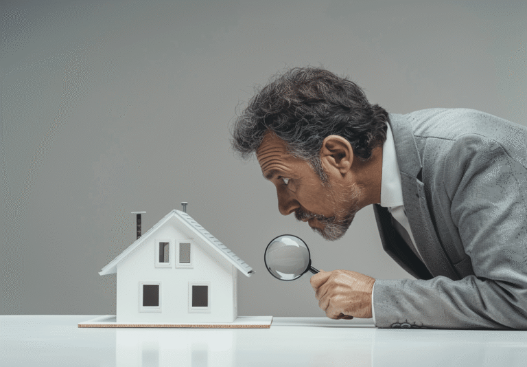 Homme inspectant une maquette de maison avec une loupe.