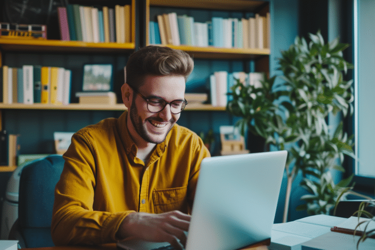 Homme souriant travaillant sur un ordinateur portable dans un bureau.