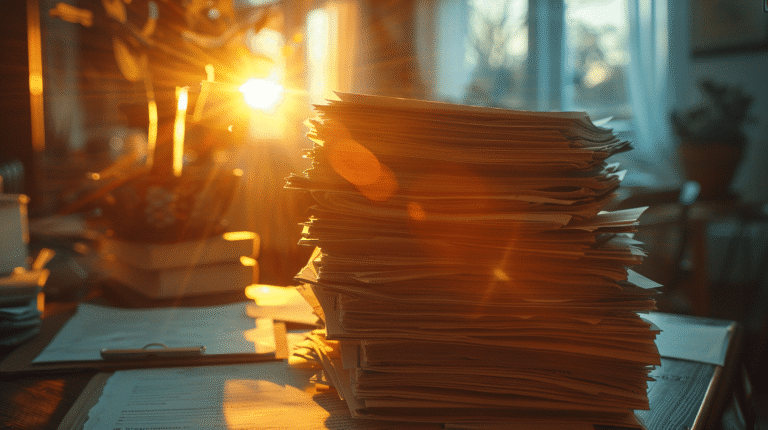 Tâche de papiers empilés illuminés par le soleil.