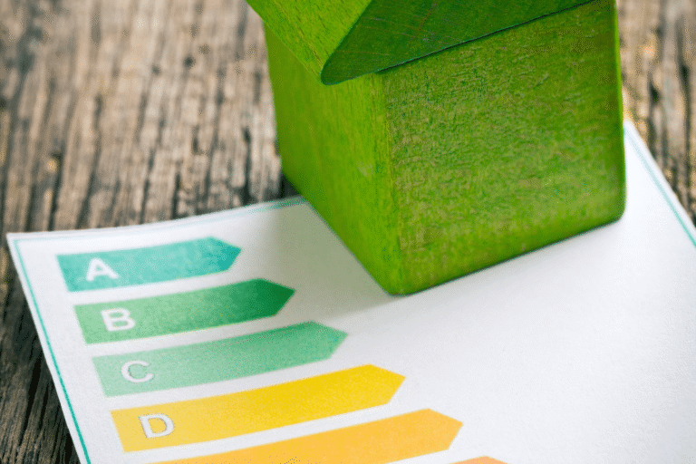 Maison en bois vert sur un graphique de performance énergétique.