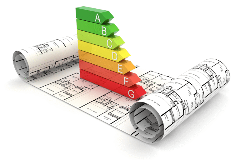 Échelle de performance énergétique avec plans architecturaux.