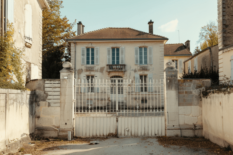 Maison en pierre avec portail en fer forgé.