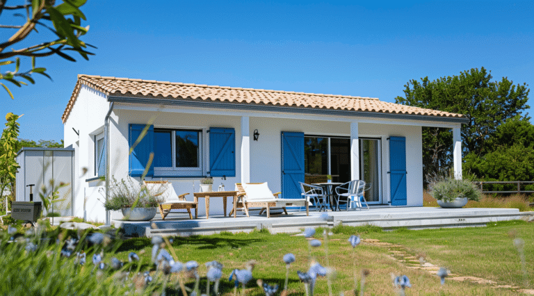 Maison moderne avec volets bleus et terrasse.
