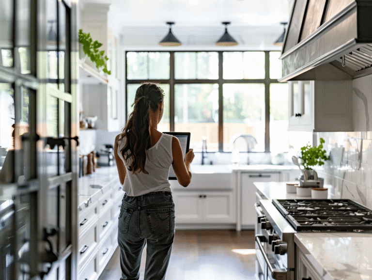 Femme avec un appareil dans une cuisine moderne lumineuse.