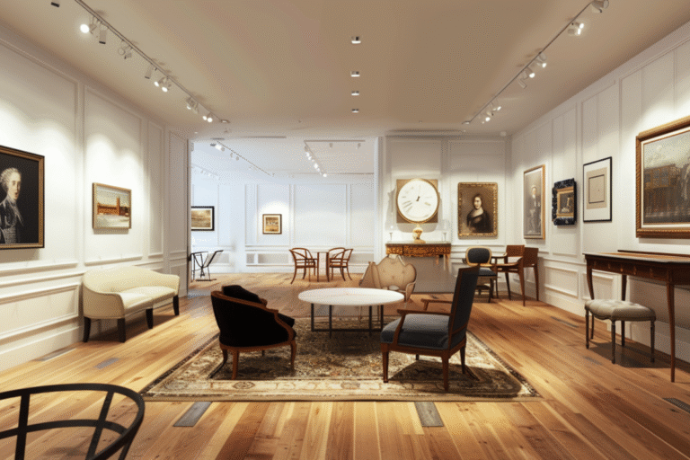 Salle d'exposition lumineuse avec des œuvres d'art encadrées.