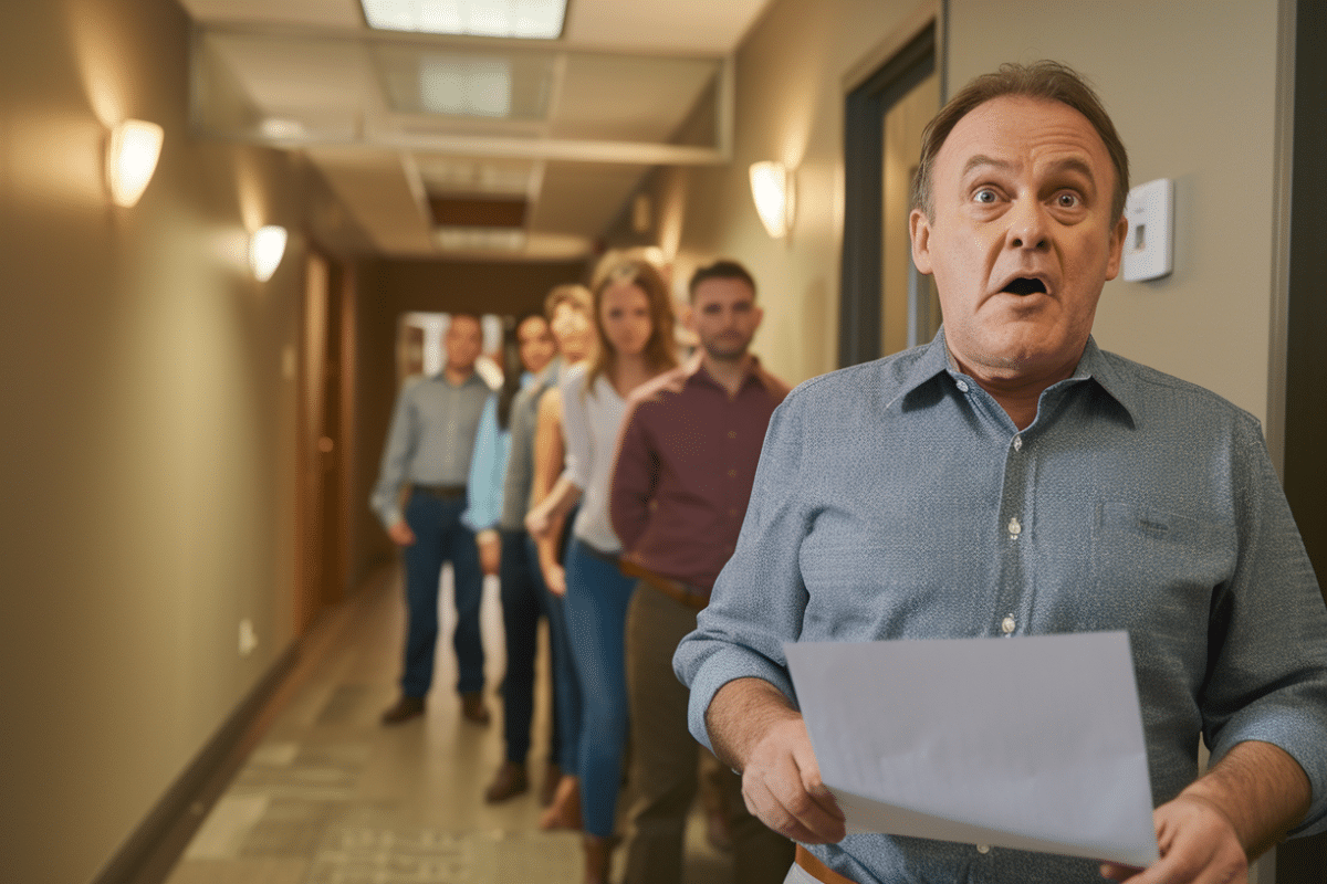Homme surpris lisant un document avec d'autres en arrière-plan.