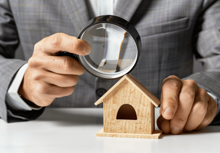 Professionnel observant une maison en bois avec une loupe.