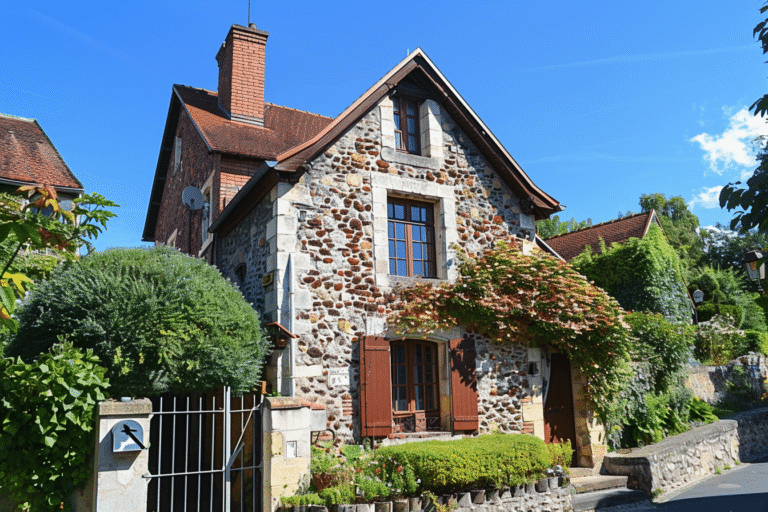 Maison en pierre avec fenêtres à volets marron et végétation.