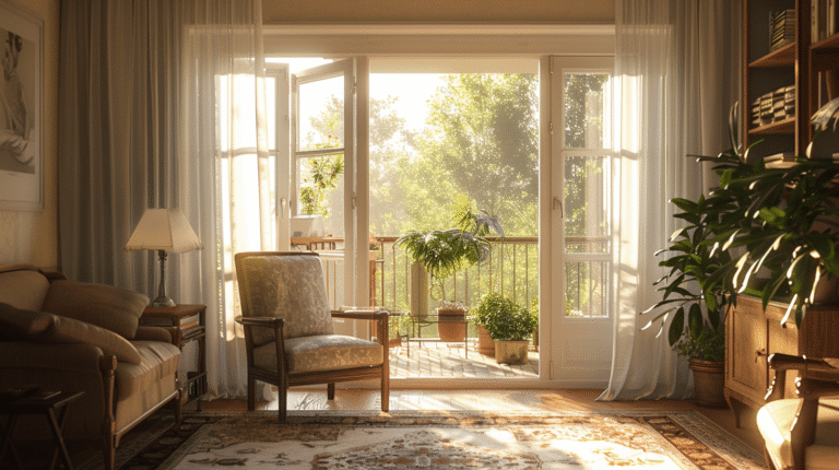 Salon lumineux avec balcon et plantes vertes.