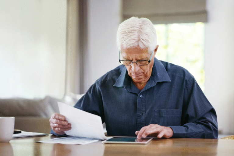 Homme âgé utilisant une tablette et consultant des documents.
