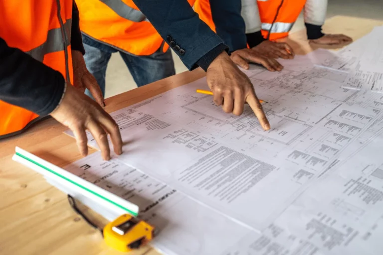Plans de construction analysés par plusieurs personnes.